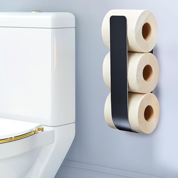 Toilet Paper Storage Wall Mount, Over The Tank Extra Toilet Paper Holder for 3 Rolls Tissue, Metal Tissue Roll Storage Stand for Bathroom, RV Adhesive Loo Roll Holder (Black)