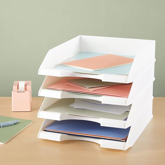 Stockroom Plus Rectangular Letter Trays - Paper Trays for Classroom - Desktop Paper Organizer & File Holder - Document Organizer for Desk Storage - Pack of 4, White, 10 x 13.5 x 2.5 in
