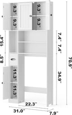 Ahomly Over The Toilet Storage Cabinet, Over Toilet Bathroom Organizer with Adjustable Shelves and Five Doors, Above Toilet Storage Cabinet for Bathroom, Restroom, Laundry, White