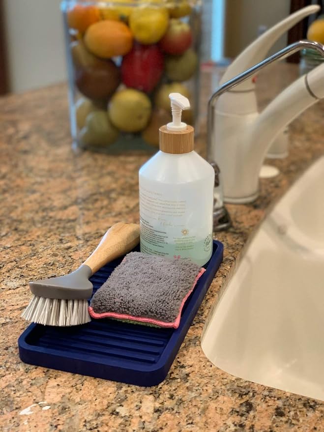 Happitasa Silicone Kitchen Sink Organizer Tray, Sponge Holder and Countertop Protector | Bathroom and Kitchen Soap Dish and Dispenser Tray (Black, 10"x5.25")