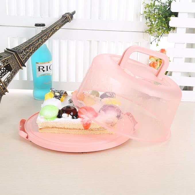 FEOOWV Plastic Small Cake Carrier Holder Cover Round Container with Collapsible Handles Suitable for 7 inch Diameter and 2.5 inch Height Cake (Pink)
