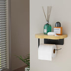 Wall Mounted Toilet Paper Holder with Shelf, Bamboo Wood and Matte Black Metal, 7.08x5.11 Inch Storage Rack for Bathroom