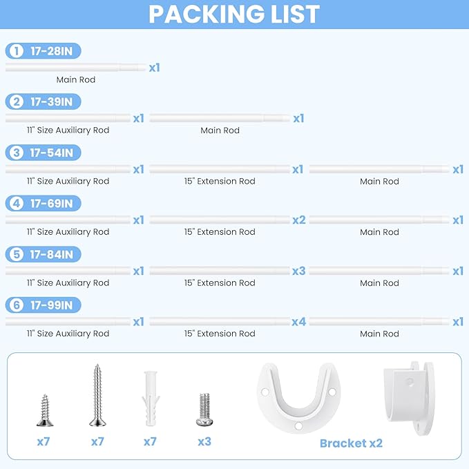 Closet Rods for Hanging Clothes, 17 to 54 Inch Heavy Duty Stepless Adjustable Closet Hanging Rod, 1.3 Inch Diameter Metal Closet Rod for Wardrobes Laundry Bedroom RV, White