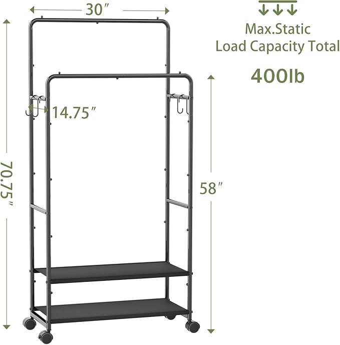 Simple Trending Clothes Rack, Rolling Clothing Rack With Shelves Load 450 LBS, Double Rod Clothing Racks with Wheels for Hanging Clothes, Black