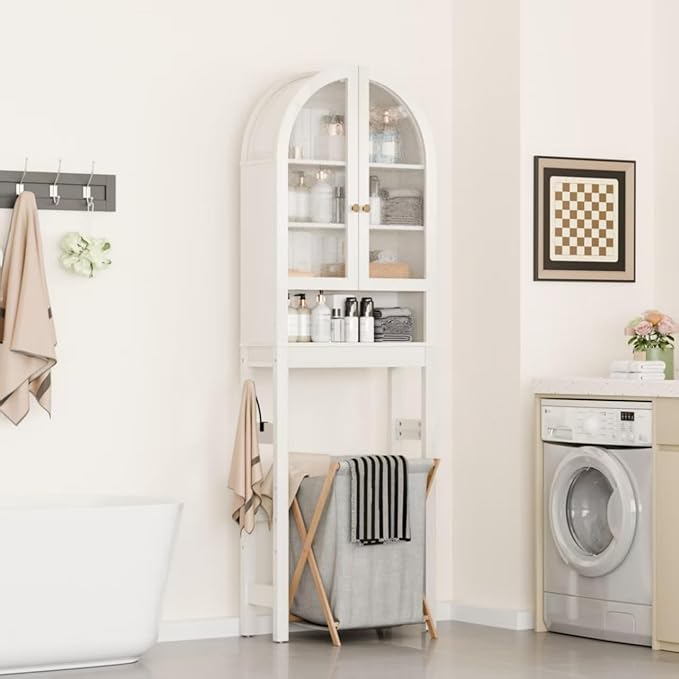 Over The Toilet Storage Cabinet, 23.7”W Modern Storage Cabinet Over Toilet with Acrylic Doors, Arched Freestanding Over Toilet Rack with Adjustable Shelf for Bathroom, White