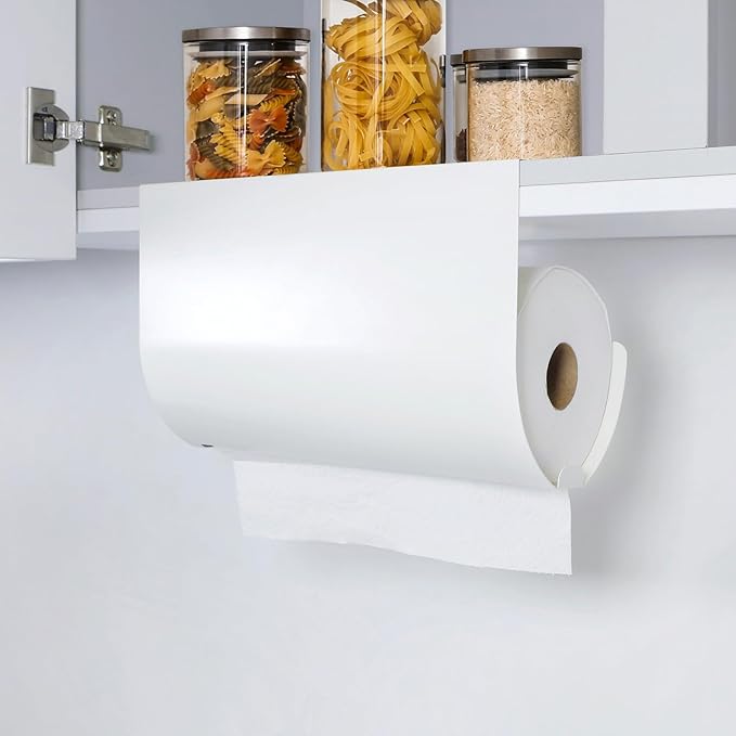 Paper Towel Holder - Under Cabinet, No-Drill Self-Adhesive Hanging Rack, Easy Tear, Space-Saving Sleek Metal Kitchen Roll Dispenser, Wall-Mount Look, Kitchen Storage & Organization - White