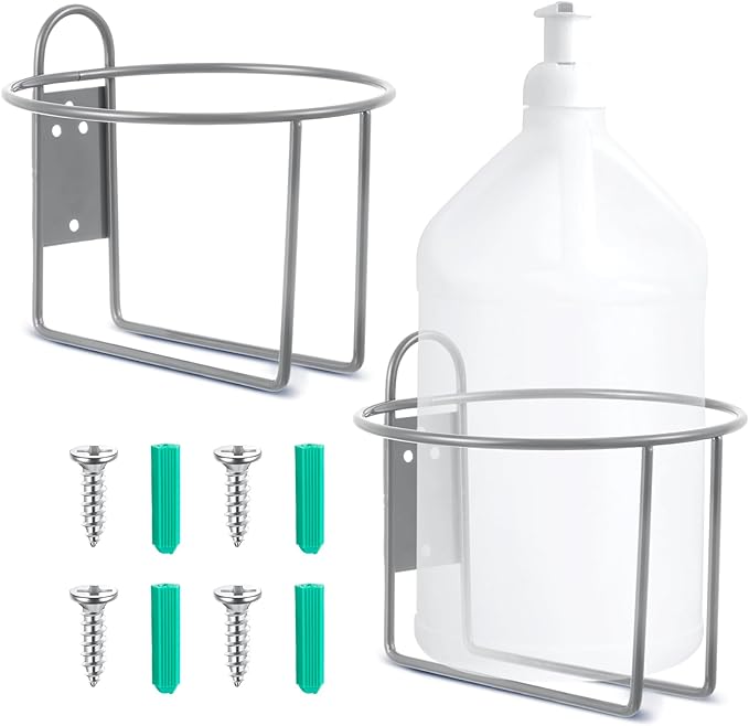 Hicarer 2 Pcs One Gallon Jug Storage Rack Wall Mounted Heavy Duty Steel Wall Rack for 1 Gallon Bottle Round Water Jug Holder with Hardware Hand Sanitizer 6-3/4" W x 5" H x 6-1/2" D (Gray)