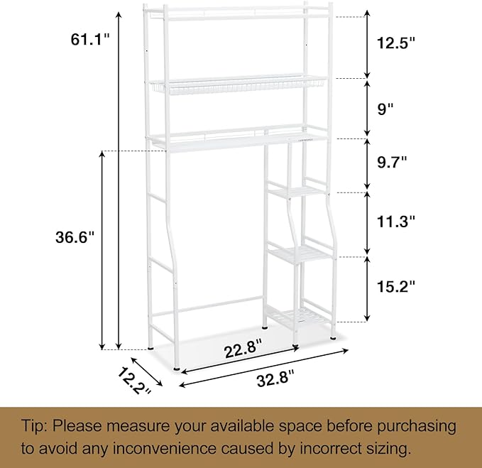 Lauren&Harold 6-Tier Over The Toilet Storage with Side Rack, 32.8" W x 12.2" D x 61" H Over Toilet Bathroom Organizer, Freestanding Above Over Toilet Storage Shelf for Restroom, Laundry, White