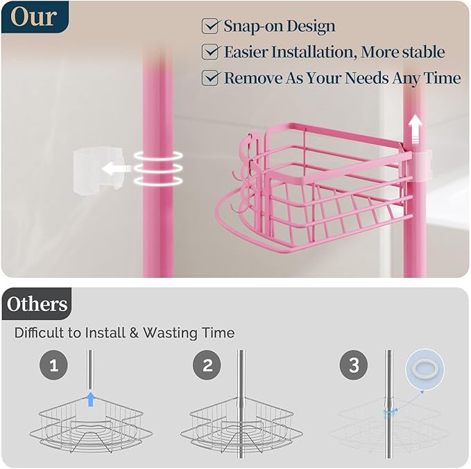 Consumest Corner Shower Caddy Tension Pole - Rustproof Shower Shelves with Towel Bar & Soap Holder, Adjustable Bath Organizer for Bathroom Storage, 27.6-108.3 inch, Pink