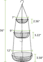 HULISEN 3 Tier Hanging Fruit Basket with Banana Hook, 36-Inch Heavy-Duty Wire Hanging Baskets for Kitchen Storage, Vegetable Produce Organizer (Including Installation Bracket)