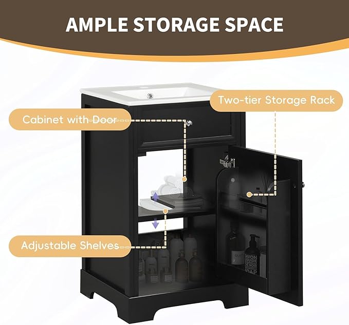 20 in Small Bathroom Vanity with Sink,Soft Closing Door and Adjustable Shelf, Solid Wood Frame & MDF Modern Single Bathroom Sink Cabinet,Freestanding (Black)