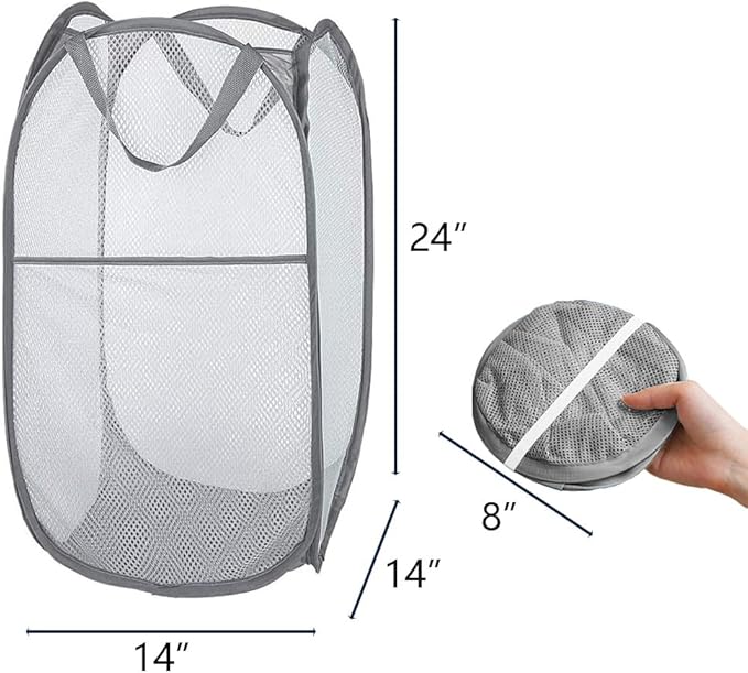 Mesh Large Pop Up Laundry basket, Collapsible Laundry Hampers with Handles, Foldable Dirty Clothes Hampers for Bathroom, College Dorm, Travel, Gray