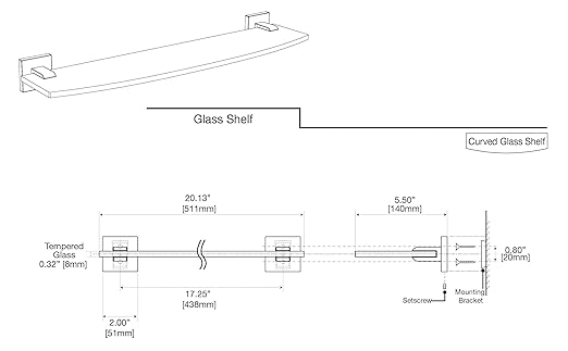 Gatco 4066 Elevate Bathroom 8mm Tempered Glass Shelf, 20.13" W X 5.50" D, Brushed Brass |Wall Mounted Curved Glass Shelf for Bathroom
