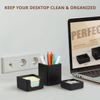 Black Desk Organizer Set of 3 - Wood Office Desk Accessories - Desk Organizers and Accessories for Women Men - Set incl. Pencil Pen Holder, Paperclip Storage and Sticky Note Holder