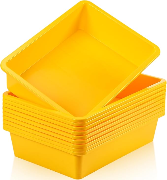 Hoteam 10 Pcs Flat Storage Organizer Tray Bin Letter Size Paper Tray for Classroom Plastic Stackable File Organizer for School Office Teacher Book Organization（ Yellow, 13.78 x 9.84 x 3.15 Inch）