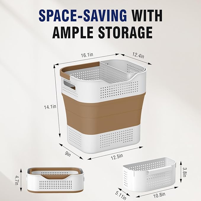 TECHMILLY Collapsible Plastic Laundry Basket Hamper with Handles, 35L Portable Rubber Clothes Basket, Pop Up Storage Container/Organizer with Hanging basket for Washing & Storage, Brown
