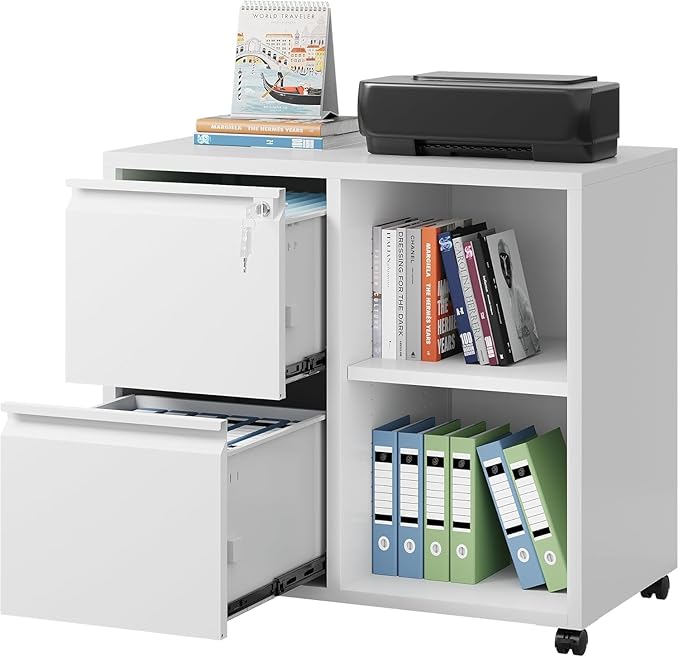 DEVAISE Lateral File Cabinet, 2 Drawer Filing Cabinets with Lock & Wheels Fits Letter/A4 Size for Home Office, Printer Stand with Adjustable Shelf (Metal, White)