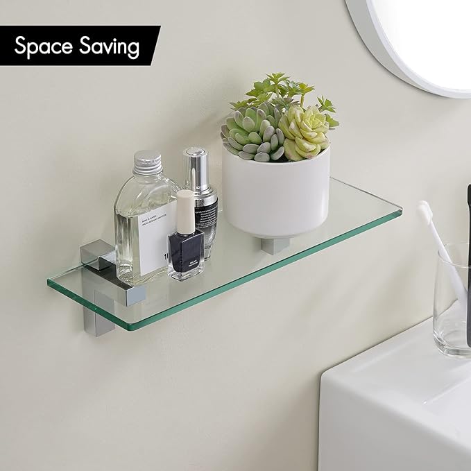 KES Bathroom Tempered Glass Shelf 14" 8MM-Thick Wall Mount Rectangular, Polished Chrome Bracket, BGS3201S35