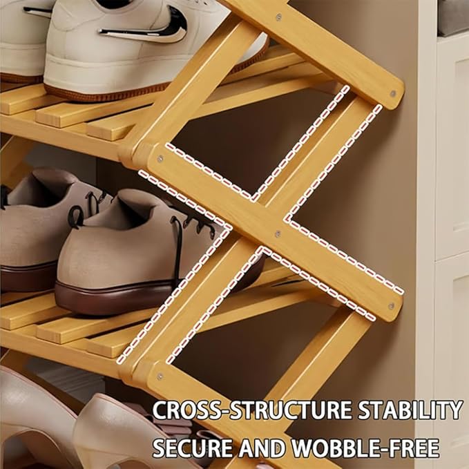 The 9-Tier No-Assembly Bamboo Rack, Foldable Stackable 9 Tier Bamboo Shoe Rack Vertical Storage Sturdy & Stable, Tall Narrow Space-Saving Expandable Shoe Rack for Entryway Closet Dorm (Brown,2 Tiers)