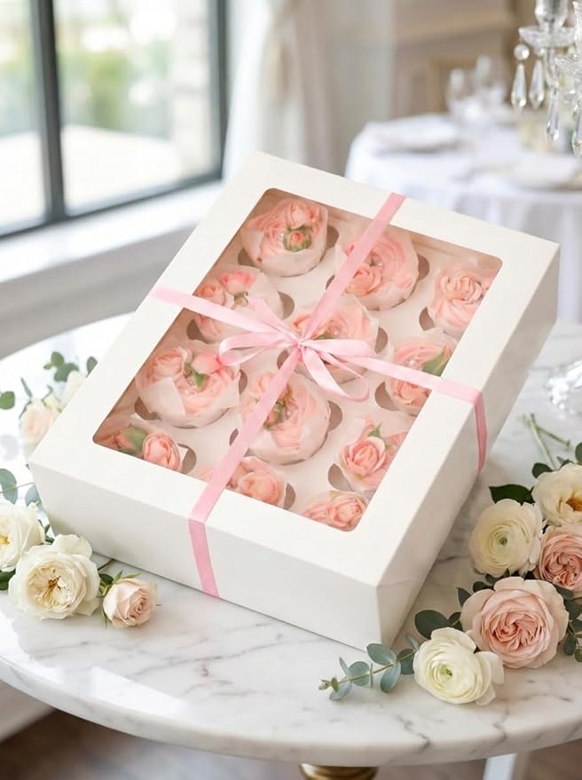 Bakepacker Auto-pop Up Cupcake Boxes with Window White 12PCS 12 Count Cupcake Box 13"x10"x3.5" Cupcakes Carrier, 12 Cupcake Containers with rolls of pink ribbons