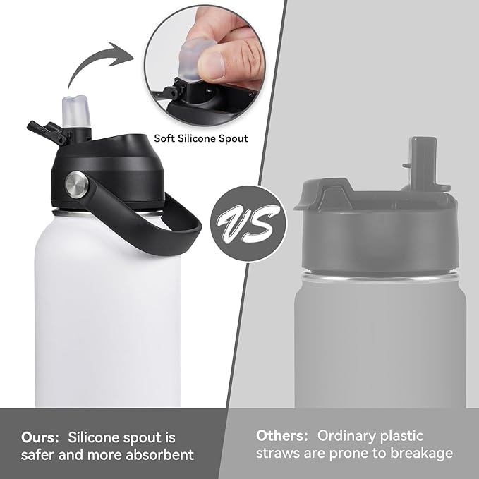 32oz Insulated Stainless Steel Water Bottle, Wide Mouth Double Wall Vacuum, Silicone Straw, Sweat & Leak Proof, BPA Free Insulated Water Flask for Travel, Keep Cold 24h Hot 12h, White