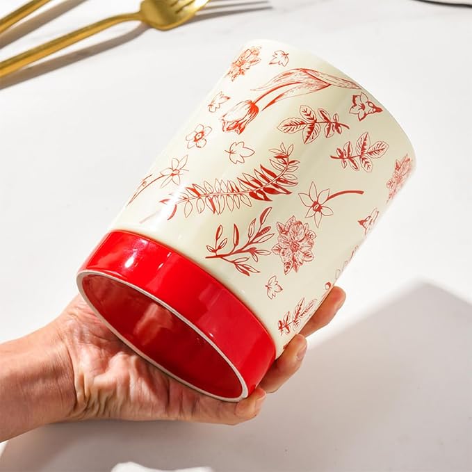 WAIT FLY Vintage Floral Porcelain Kitchen Utensil Holder with Bottom Flatware Storage Organizer Utensil Crock for Countertop Kitchen Counter Decor-Red