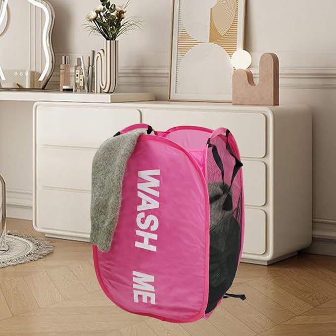 Mesh Popup Laundry Baskets, Collapsible Laundry Hampers, 2 Pack Clothes Hampers Storage Basket for Home, Bathroom, College Dorm, RV Cruise, Travel (Pink + Blue)