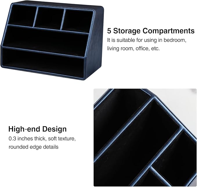 PU Leather Desk Organizer, Luxury Remote Control Holder for Home, Office Desk Accessories Table Caddy Bedside Nightstand Organizer (Dark Blue)
