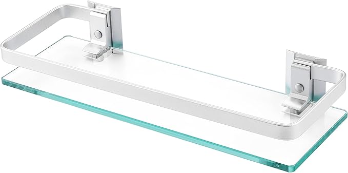 KES Glass Shelf for Bathroom, Glass Floating Shelves Aluminum Tempered Rectangular 1 Tier Extra Thick Silver Wall Mounted, A4126A