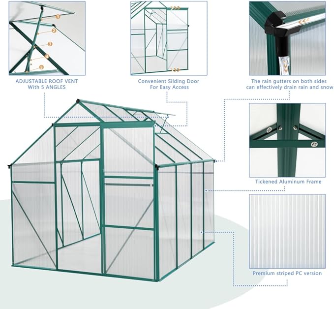 6 x 8 FT Outdoor Patio Greenhouse, Polycarbonate Board, Raised Base, Sliding Door, Adjustable Roof, Window Greenhouse, Anchor Aluminum Heavy Duty Walk-in Greenhouse