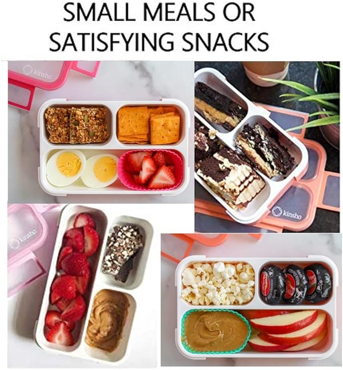 kinsho Small Snack Containers for Kids Toddlers - 3 Compartments (Set of 3) - Leak-proof Snack Boxes with Lids - BPA-Free Mini Bento Lunch Box - Ideal for School, Holds 2 Cups (Pink + Purple + Coral)