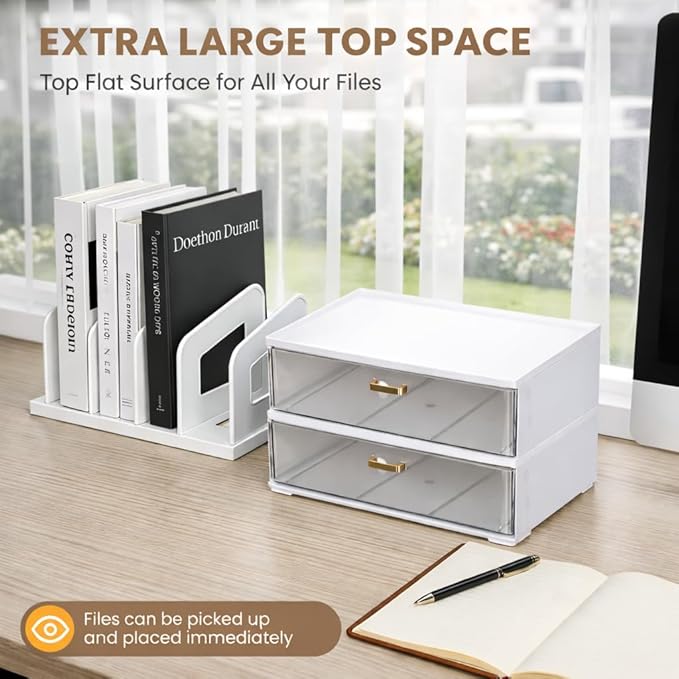 Acrylic Desk Organizer with Drawer and Vertical File Holder, Desk Organizers and Accessories, Multi-Functional Office Supplies Organizer for Home or Work Desk, White