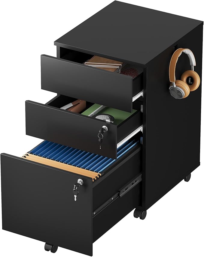 DEVAISE 3 Drawer File Cabinet with Lock, Small Rolling Filing Cabinet Under Desk, Wood Office Drawers Fits Letter/Legal/A4 Size Folders, Black