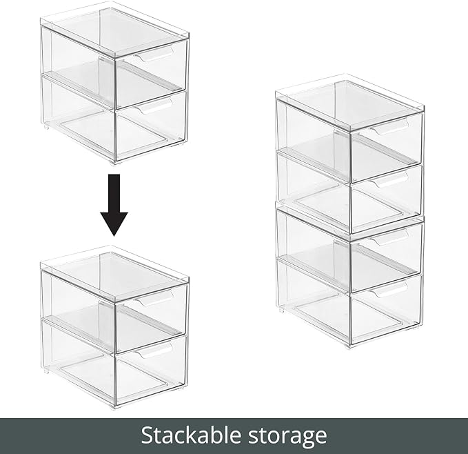 mDesign Stackable Storage Containers Box with 2 Pull-Out Drawers - Stacking Plastic Drawer Bins for Closet Organization, Linen, Coat, Bedroom or Entryway Closets - Lumiere Collection - 4 Pack, Clear