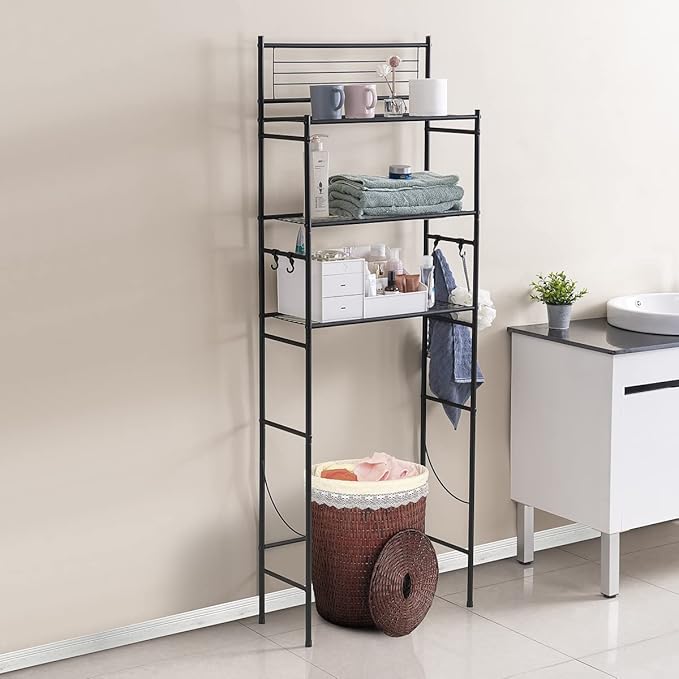 3-Shelf Over The Toilet Storage Bathroom Rack Space Saver Organizer Free Standing Metal Shelves with 4 Hooks, Black