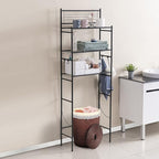 3-Shelf Over The Toilet Storage Bathroom Rack Space Saver Organizer Free Standing Metal Shelves with 4 Hooks, Black