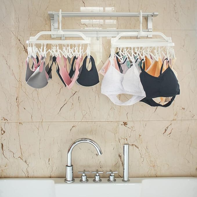 Foldable Plastic Hangers with 26 Drying Clips, Underwear Hanger with Clips, Plastic Laundry Clip and Drip Drying Hanger for Socks, Bras, Lingerie, Clothes, Sturdy, White, 2pc