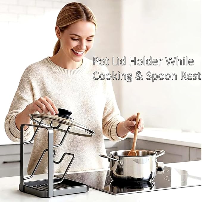 Kitchen Pot Lid Storage Rack,Countertop Pot Lid Holder With Spoon Rest,Multifunctional Pot Lid Organizer with Removable Drip Tray for Countertop Kitchen Space Tidy (Grey, One Layer)