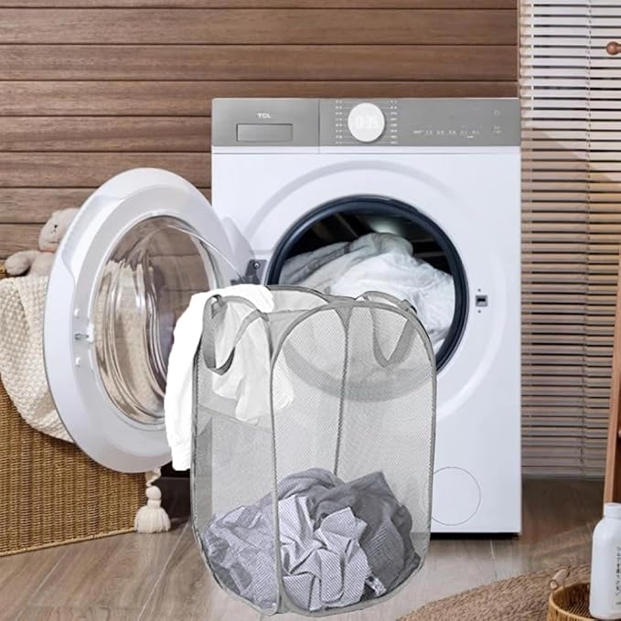 2 Pack Pop Up Laundry Hampers, Collapsible Mesh Laundry Basket, Foldable Clothes Hampers for Bathroom, College Dorm, Travel (Grey)