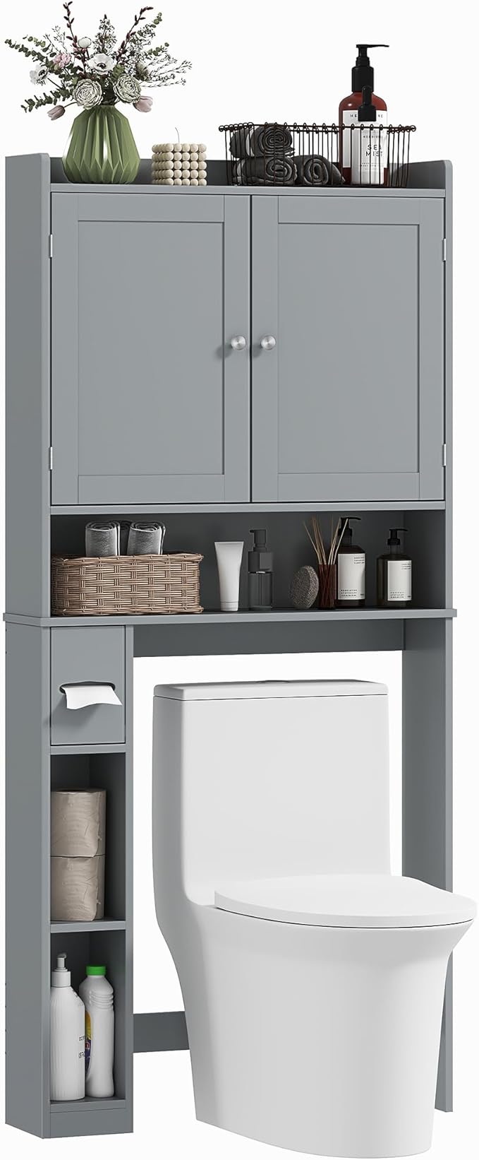 HOMCOM Over the Toilet Storage Cabinet, Modern Above Toilet Bathroom Organizer with 2 Doors, Storage Shelves, Toilet Paper Holder, Freestanding Space Saver for Bathroom, Laundry, Gray