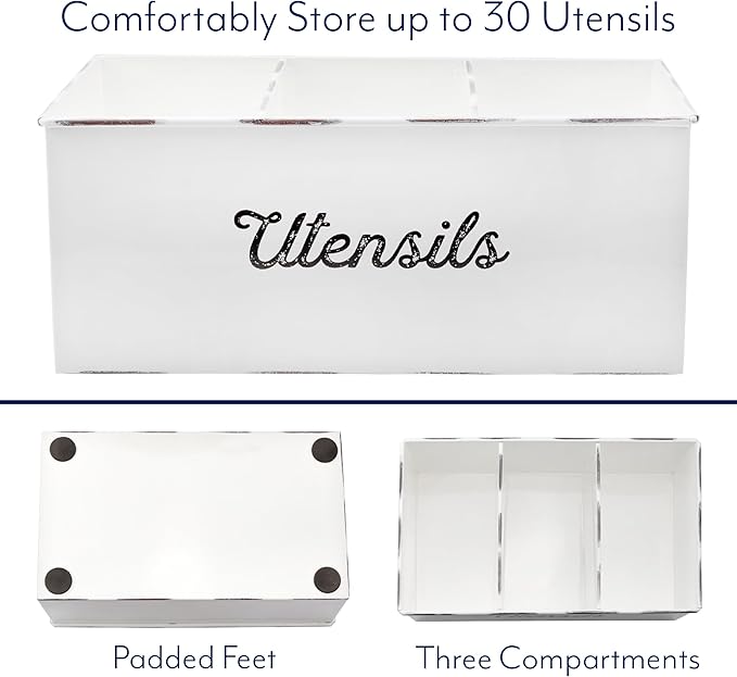 AuldHome Design Large Enamelware Utensil Holder, White Farmhouse Cooking Caddy or Spoons/Forks/Knives Storage for Countertop and Table