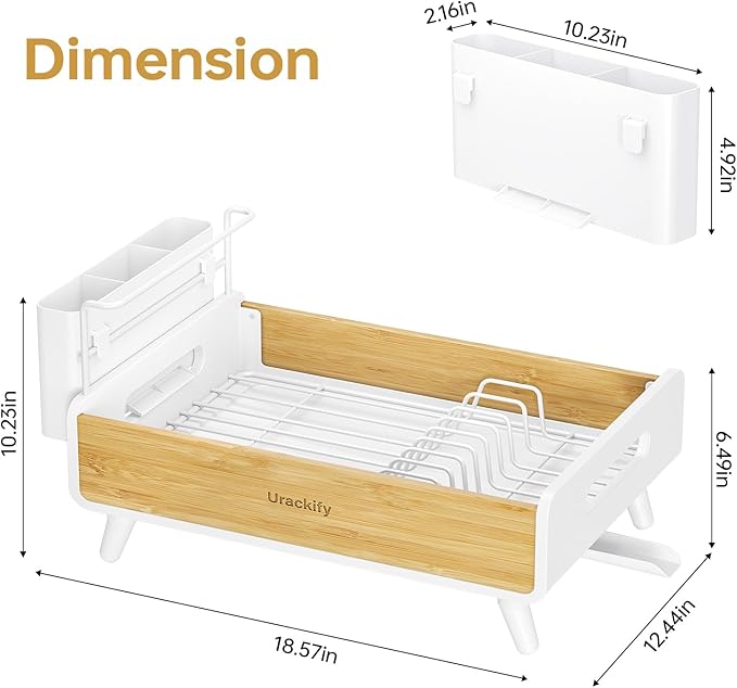 Dish Drying Rack for Kitchen Counter - Stainless Steel & Bamboo Dish Rack with Large Removable Utensil Holder, Dish Drainer with Adjustable Automatic Spout, White