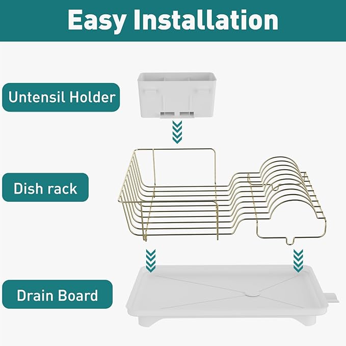Buruis Dish Drying Rack for Kitchen Countertop, Large Capacity Gold Stainless Steel Dish Drainer with Anti-Slip Rubber Feet, Removable Drain Board and Utensil Holder (White Tray)