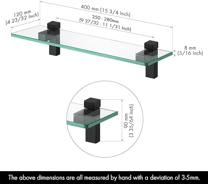 KES Glass Shelves for Bathroom 2 Pack, 16 Inch Tempered Glass Floating Shelves Wall Mount Matte Black, BGS3201S40-BK-P2