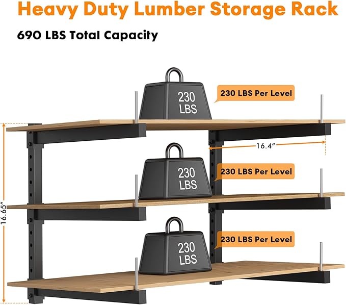 Lumber Storage Rack Wall Mount - Wood Storage Racks Heavy Duty Metal Shelf Wall Mount Wood Organizer Racks for Shed, Workshop, Garage, Basement, Wall Storage Racks - Indoor & Outdoor Use