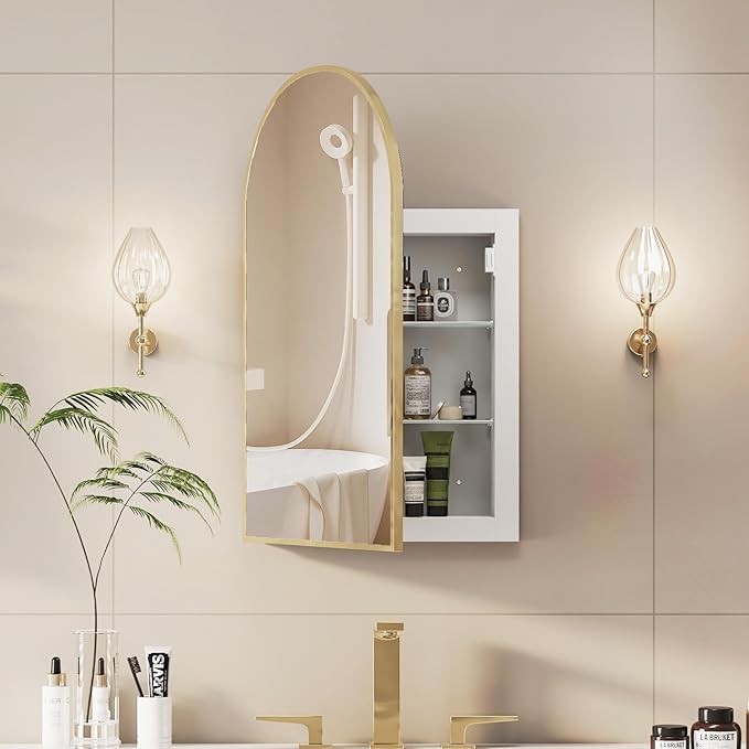 Recessed Medicine Cabinet Mirror,Brushed Gold Arched Medicine Cabinet with Mirror for Bathroom,Metal Edge Mirrored Medicine Cabinets,in Wall Arch Mirrored Cabinets with Storage 16x26 in