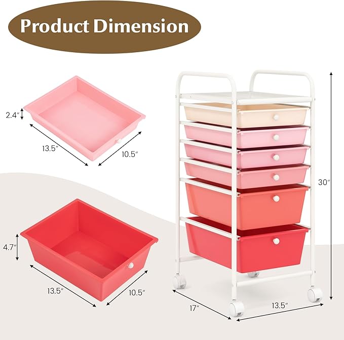 GOFLAME 6-Drawer Rolling Storage Cart, Multifunctional Art Craft Organizer Cart, Mobile Utility Storage Cart with Removable Drawers & Lockable Wheels, Craft Cart for Home Office, School, Pink