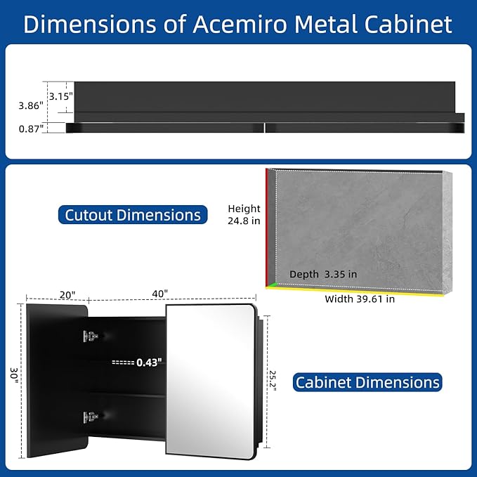 40x30 Inch Black Medicine Cabinet Mirror Metal Framed Recessed Bathroom Medicine Cabinets with Mirror and Storage Wall Mounted