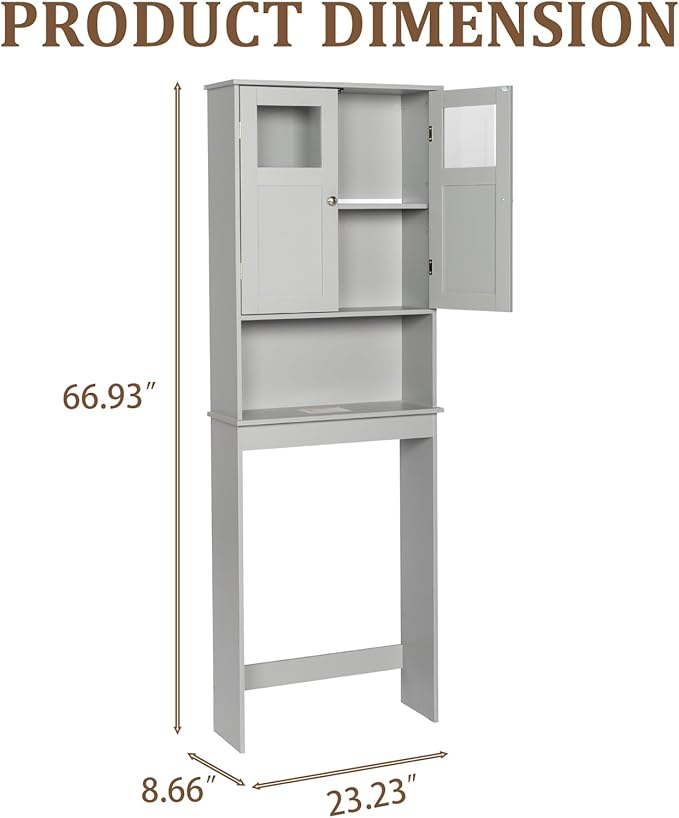 Over The Toilet Cabinet with Shelf and 2Doors, Bathroom Space Saver Organizer Above Toilet,Taller Wooden Free Standing Toilet Rack for Bathroom, Restroom, Laundry (Gray)