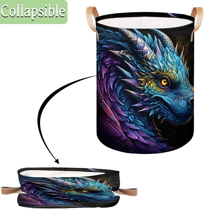TropicalLife Collapsible Laundry Basket Cool Dragon Large Laundry Hamper Waterproof Storage Bins with Leather Handles Clothes Nursery Hampers for Bathroom Bedroom Toy Organizer
